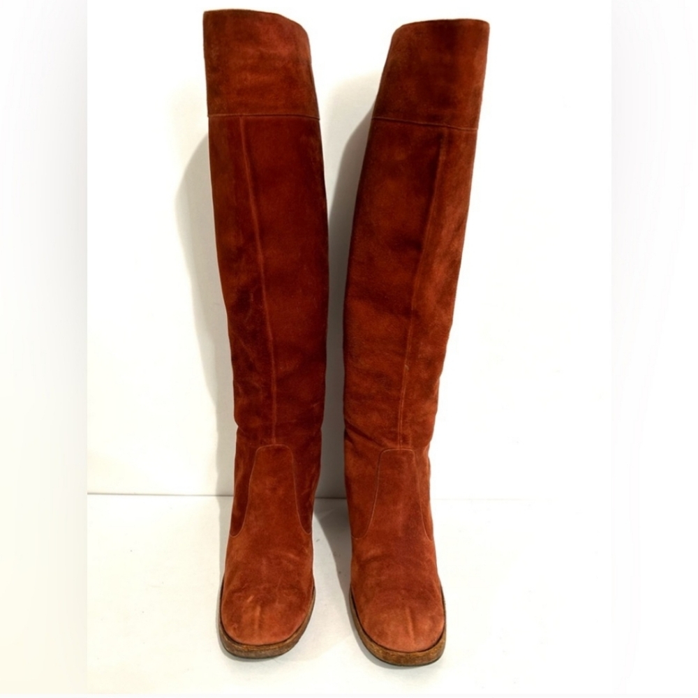 Beautiful 1970s Knee Boots, Genuine Suede Burnt Orange Stacked Heel Size 6 - Picture 3 of 16